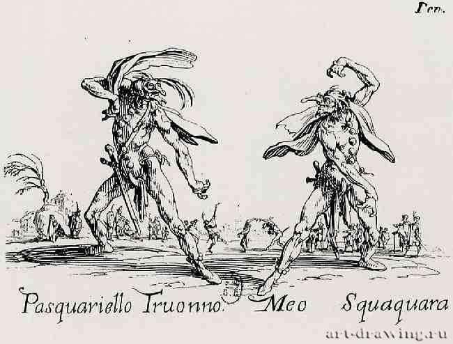 Серия "Балли ди Сфессания", Пасквариелло Труонно и Мео Скваквара. 1622 - 73 х 93 мм. Офорт. Париж. Национальная библиотека, Кабинет эстампов. Франция.