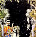 Арлекин и смерть, 1907 г. - Акварель, гуашь, тушь, перо, кисть, бумага; 17 x 12 см. Москва. Государственная Третьяковская галерея. Россия.