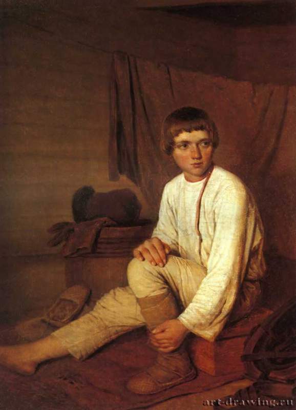 Крестьянский мальчик, надевающий лапти, 1820 г. - Холст, масло; 37 х 28 см. Государственный Русский музей. Санкт-Петербург. Россия.